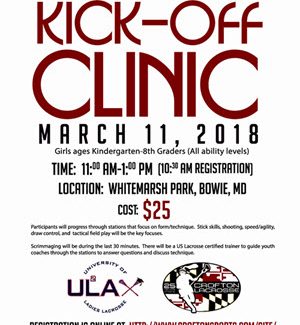 Girls LAX Spring Kick-Off Clinic March 11 Turf Field Next to Sport Fit in Bowie