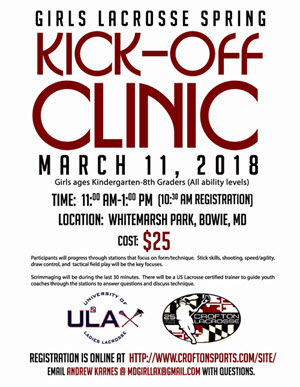 Girls LAX Spring Kick-Off Clinic March 11 Turf Field Next to Sport Fit in Bowie