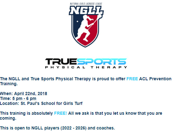 NGLL & True Sports Physical Therapy Offers Free ACL Prevention Training 4/22 5pm-6pm St. Paul’s School for Girls Turf