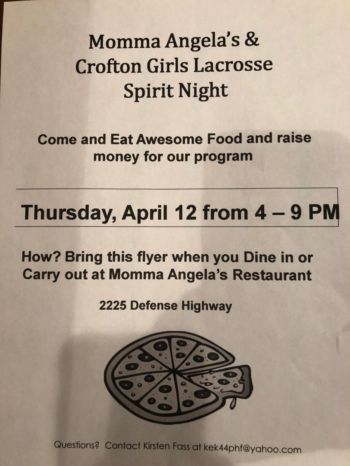 Momma Angela’s & Crofton Girls Lacrosse Spirit Night!! 4/12 4PM – 9PM