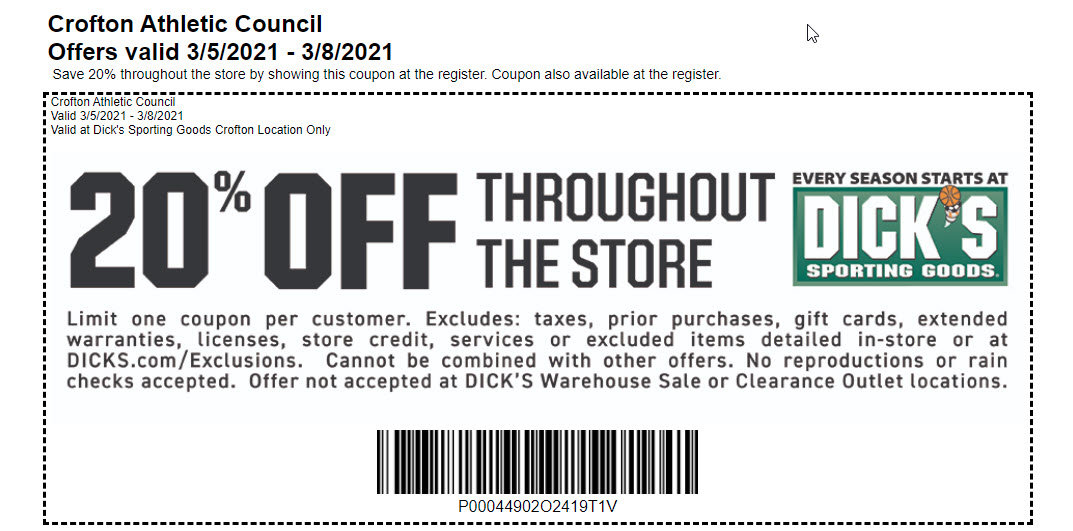 20% Off at Dick’s Sporting Goods in Crofton!!  Best deal of the year!
